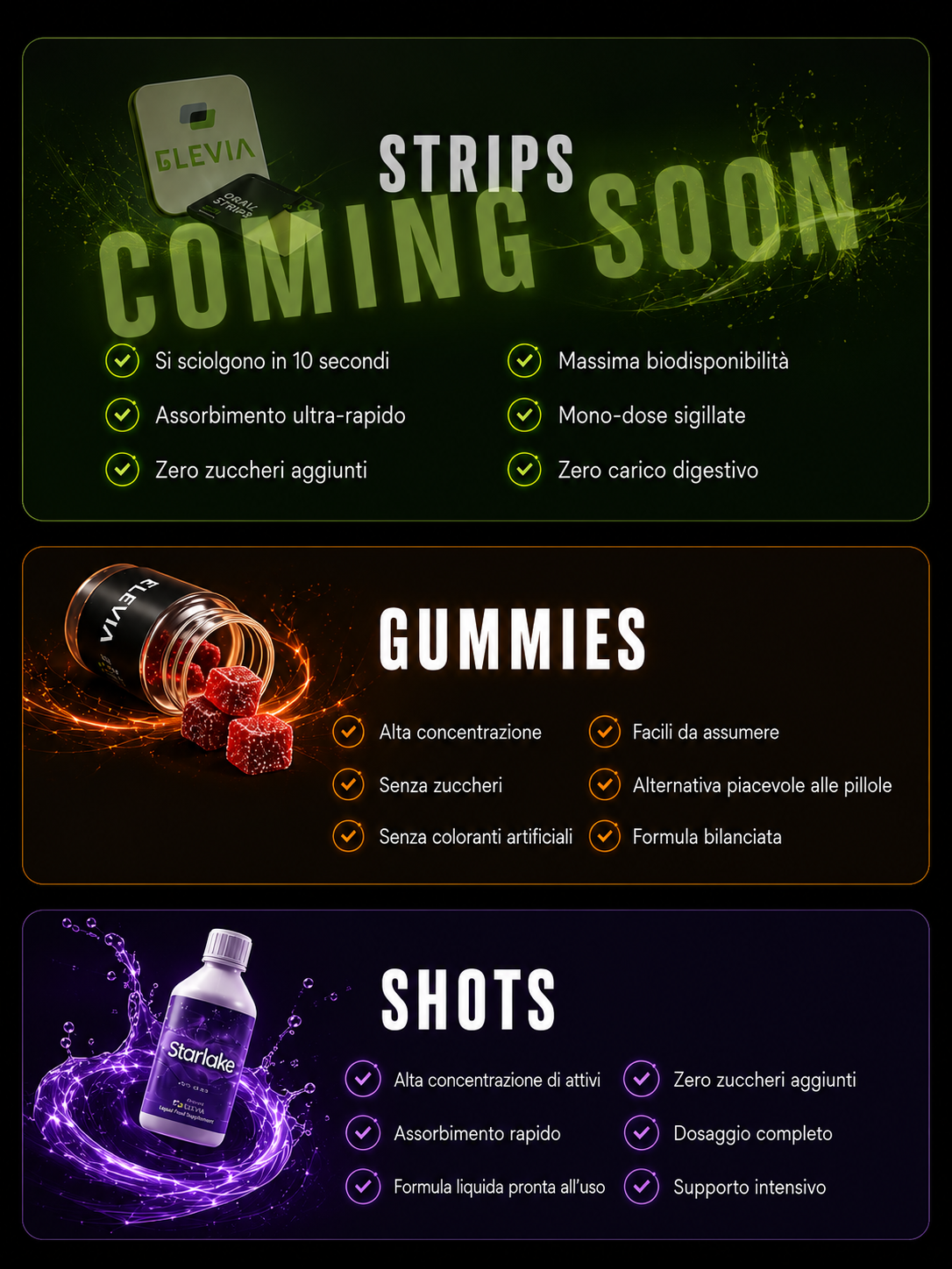 Confronto tra strips, gummies e shots Elevia