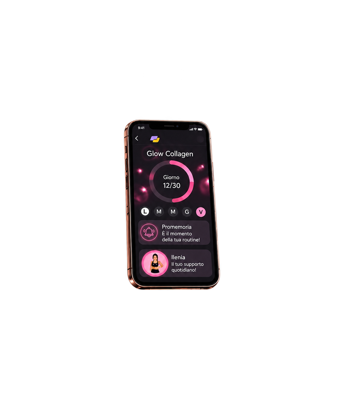 Glow Collagen nell’app Companion: giorno 12 su 30, promemoria e supporto Ilenia